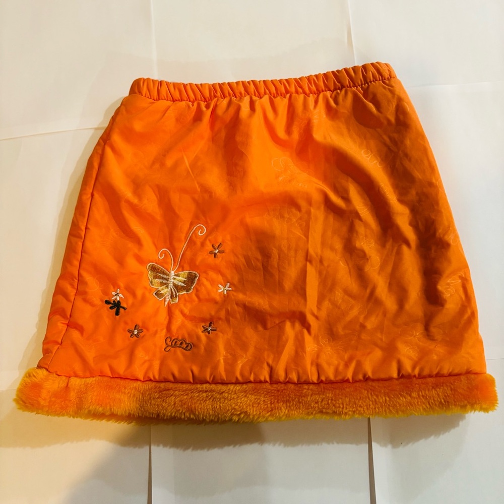 Pixley Orange Skirt with Butterfly Embroidery and Fuzzy Hem